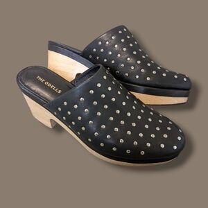 Anthropologie The Odells Black Leather Silver Studded Wooden Platform Clogs 9